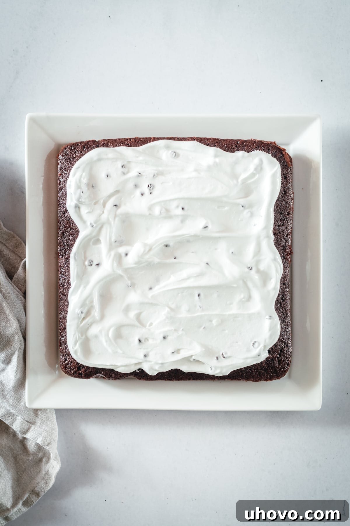 Overhead view of uncut brownies topped with chocolate chip meringue