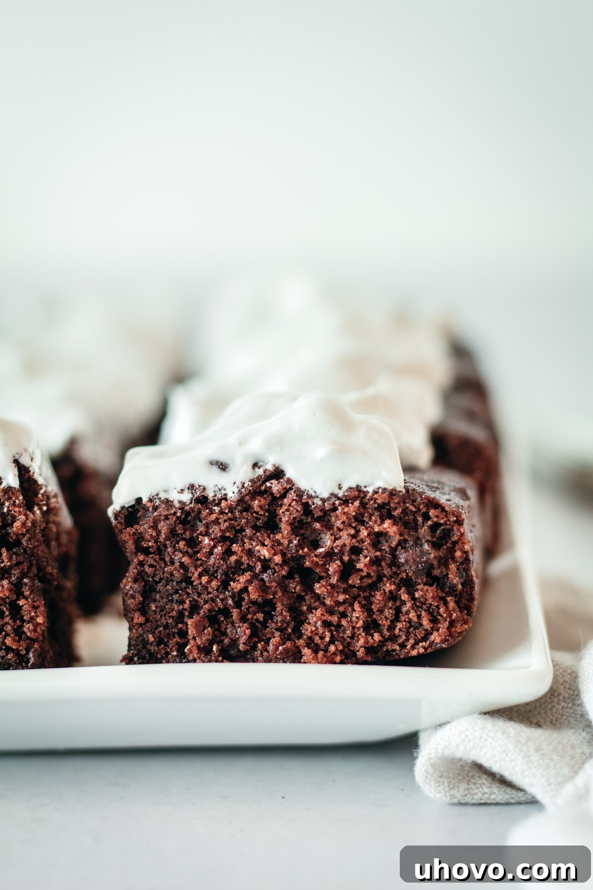 Closeup of brownie squares topped with meringue