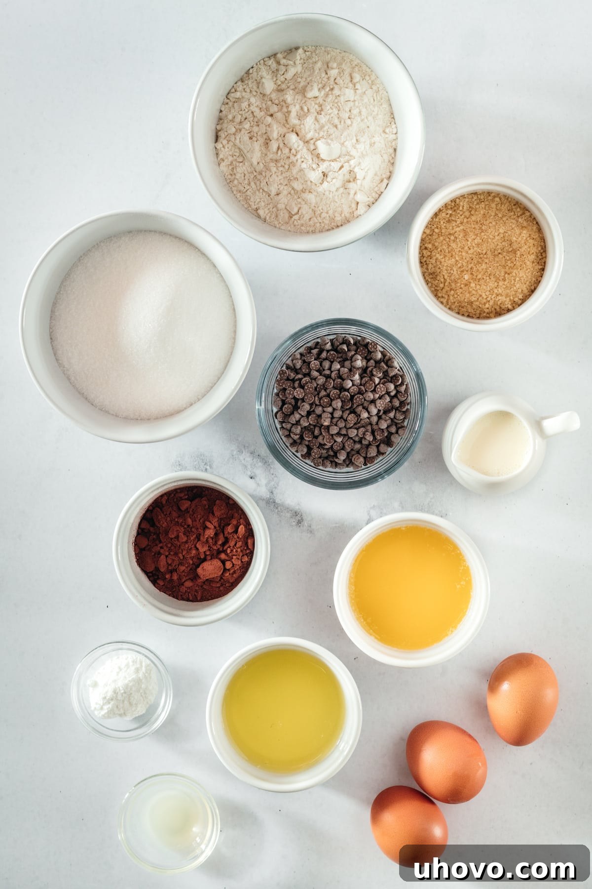 Overhead view of Chocolate Chip Meringue Brownie ingredients