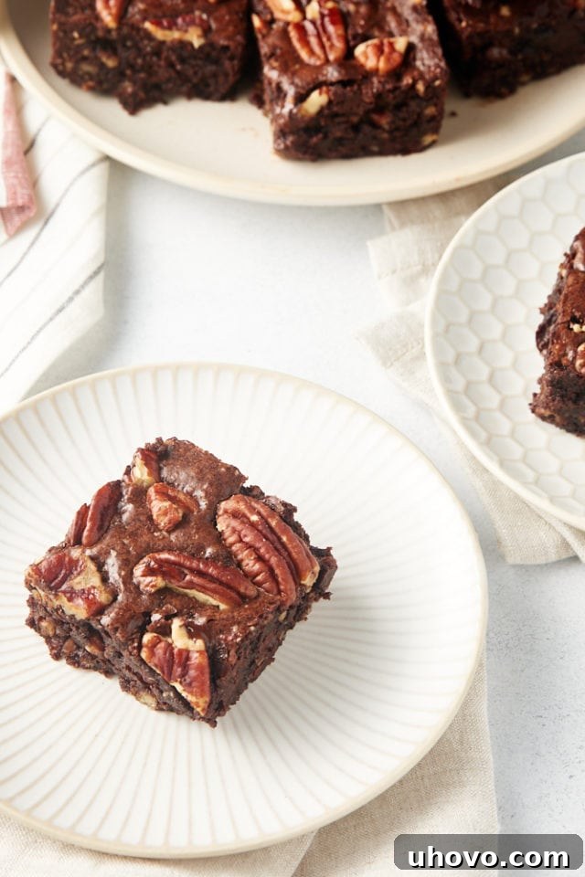 A single Pecan Lovers' Brownie artfully placed on a small white and beige plate, ready to be enjoyed.