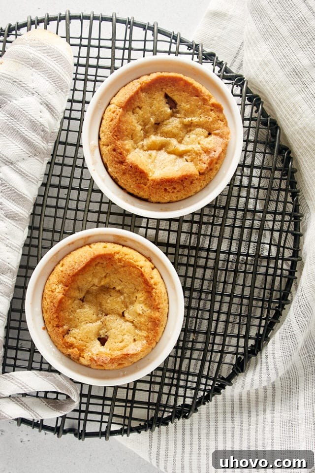Overhead view of two freshly baked Deep Dish Chocolate Chip Cookies, still in their white ramekins, cooling on a wire rack, with golden-brown edges and a tempting soft center.