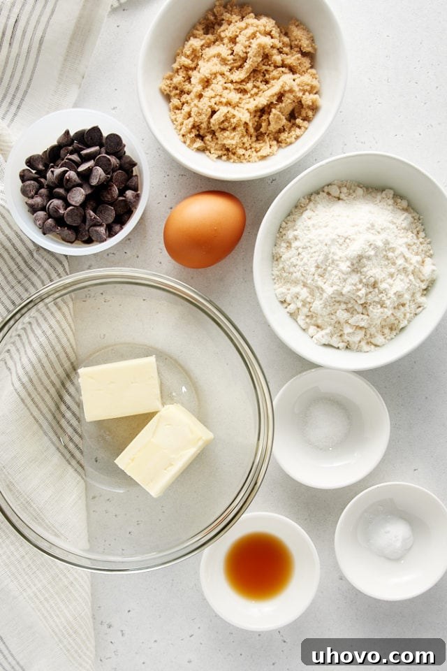 Overhead view of all the fresh ingredients laid out for making Deep Dish Chocolate Chip Cookies for Two, showcasing flour, chocolate chips, butter, sugar, and egg.