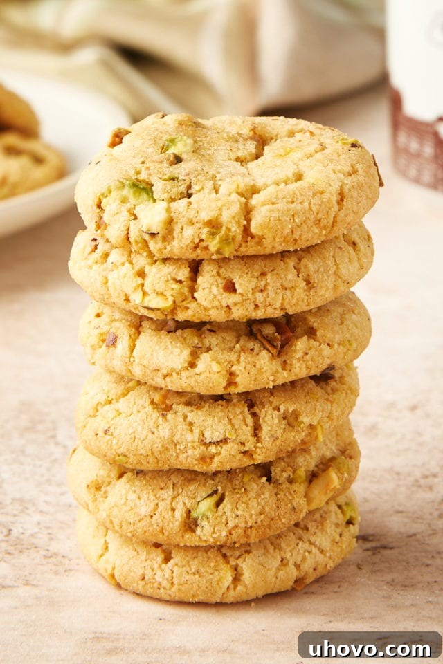 A neatly stacked tower of delicious Brown Butter Pistachio Cookies sits on a beige surface, ready to be enjoyed.