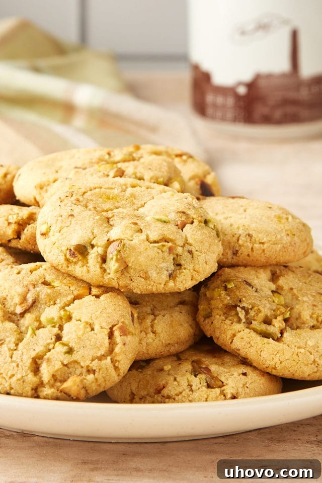 A close-up of a few Brown Butter Pistachio Cookies on a beige plate, with a cozy brown and white mug softly blurred in the background, creating an inviting scene.