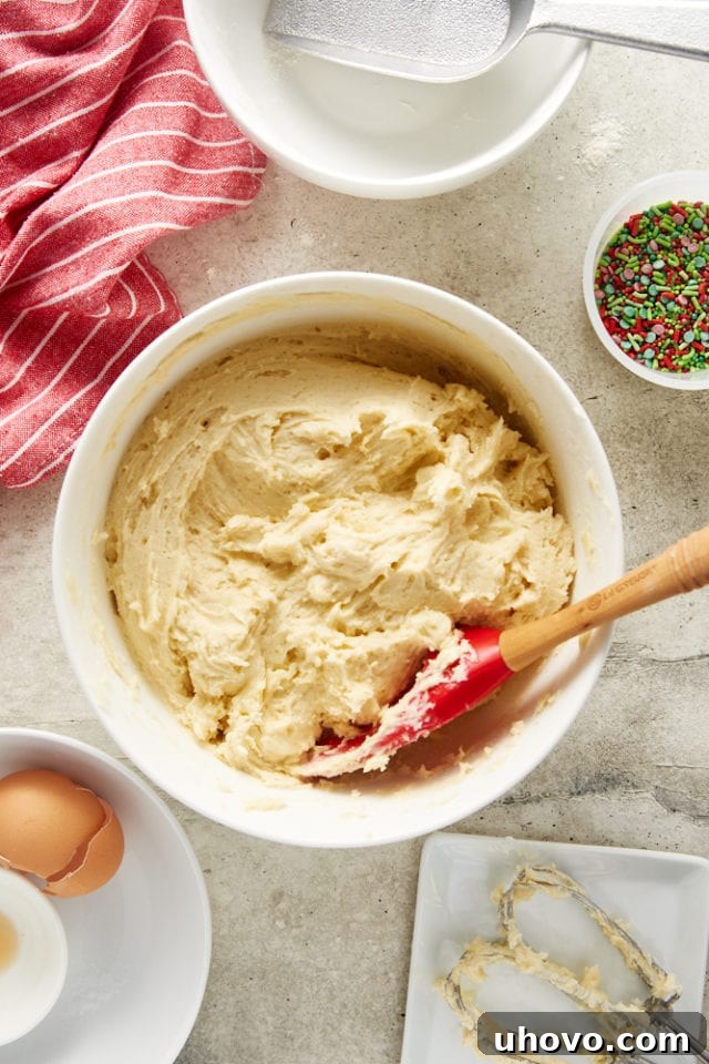 Overhead view of the mixed sugar cookie dough, with a few flour streaks visible, in a white mixing bowl.