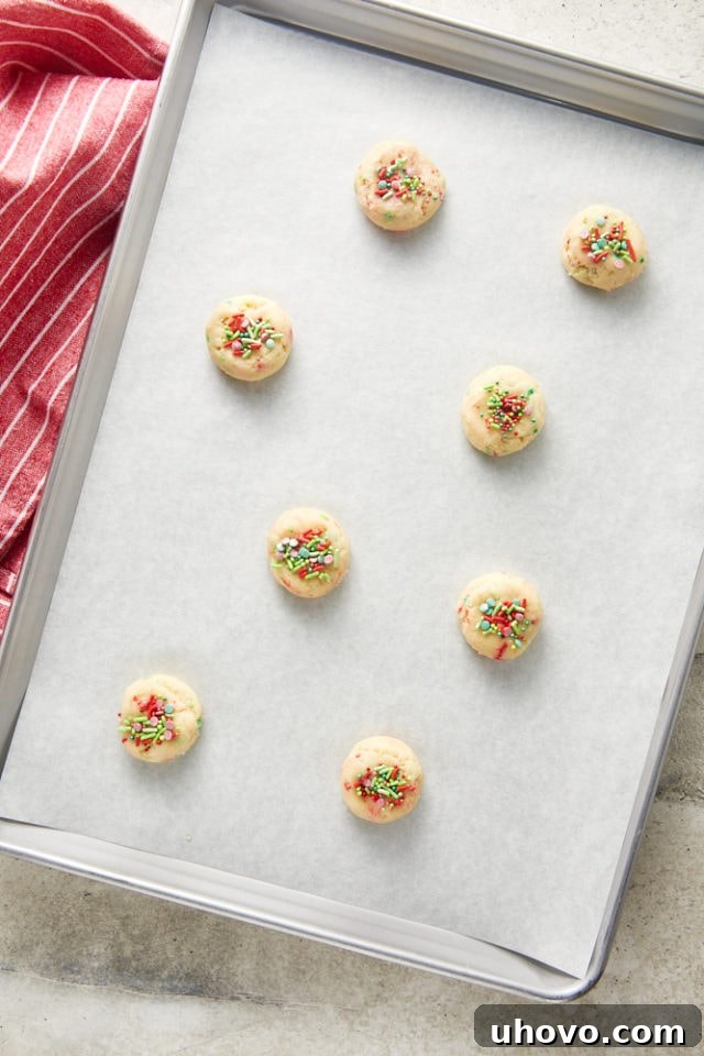 Overhead view of sugar cookie dough, topped with generous sprinkles, arranged on a parchment-lined baking sheet before baking.
