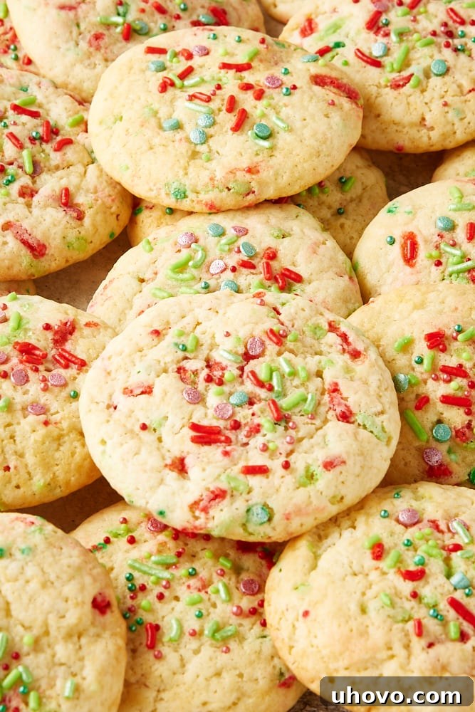 Close-up of a perfectly baked, soft Christmas sugar cookie, showcasing its chewy texture and colorful sprinkles.