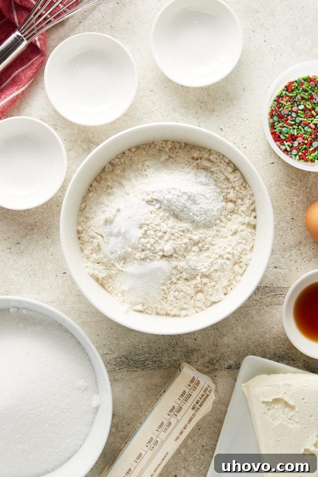 Overhead view of flour, baking powder, baking soda, and salt in a white mixing bowl before whisking.