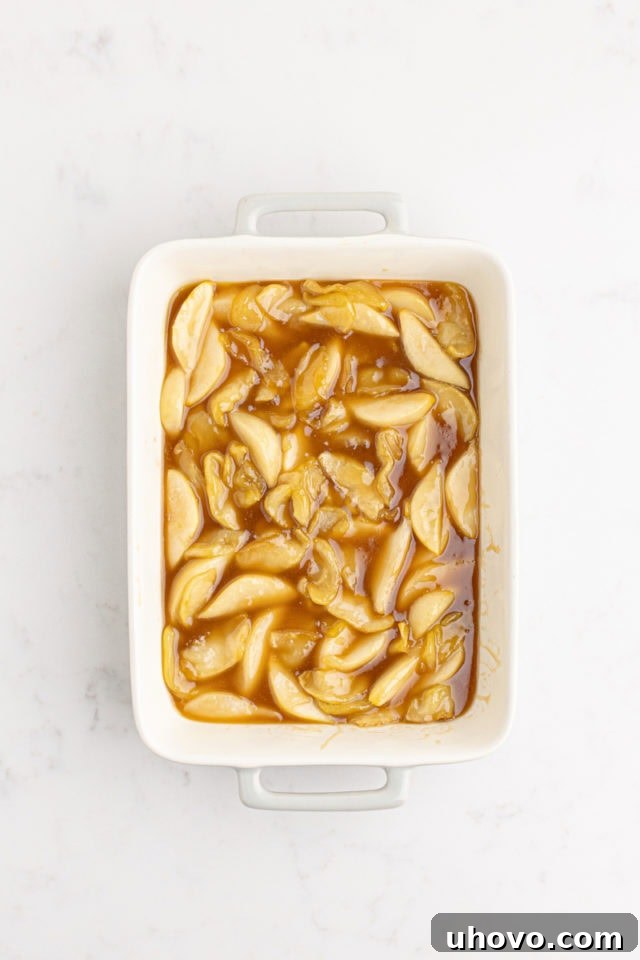 Overhead view of the cooked apple and pear filling spread evenly in a rectangular baking dish.