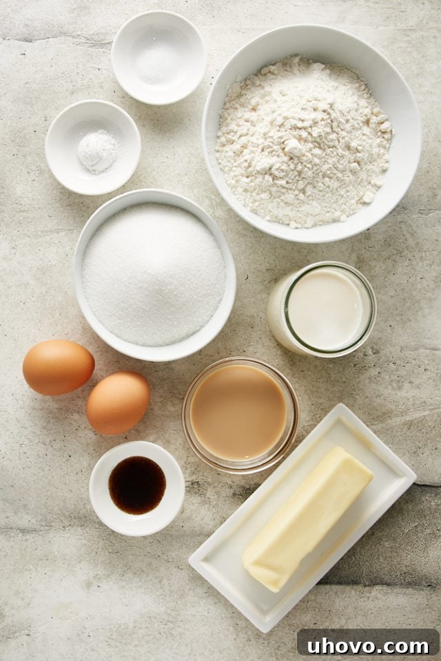 Overhead view of various dry ingredients for Irish Cream Cake, including flour, sugar, and butter, neatly arranged on a white surface.
