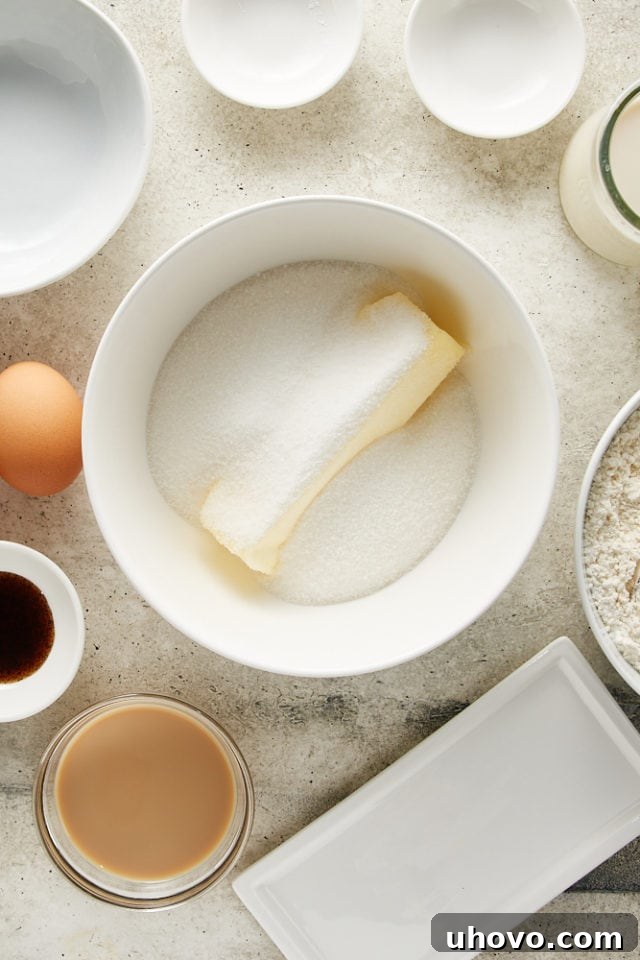 An overhead shot of softened butter and granulated sugar being creamed together in a white mixing bowl, forming a light and fluffy mixture.