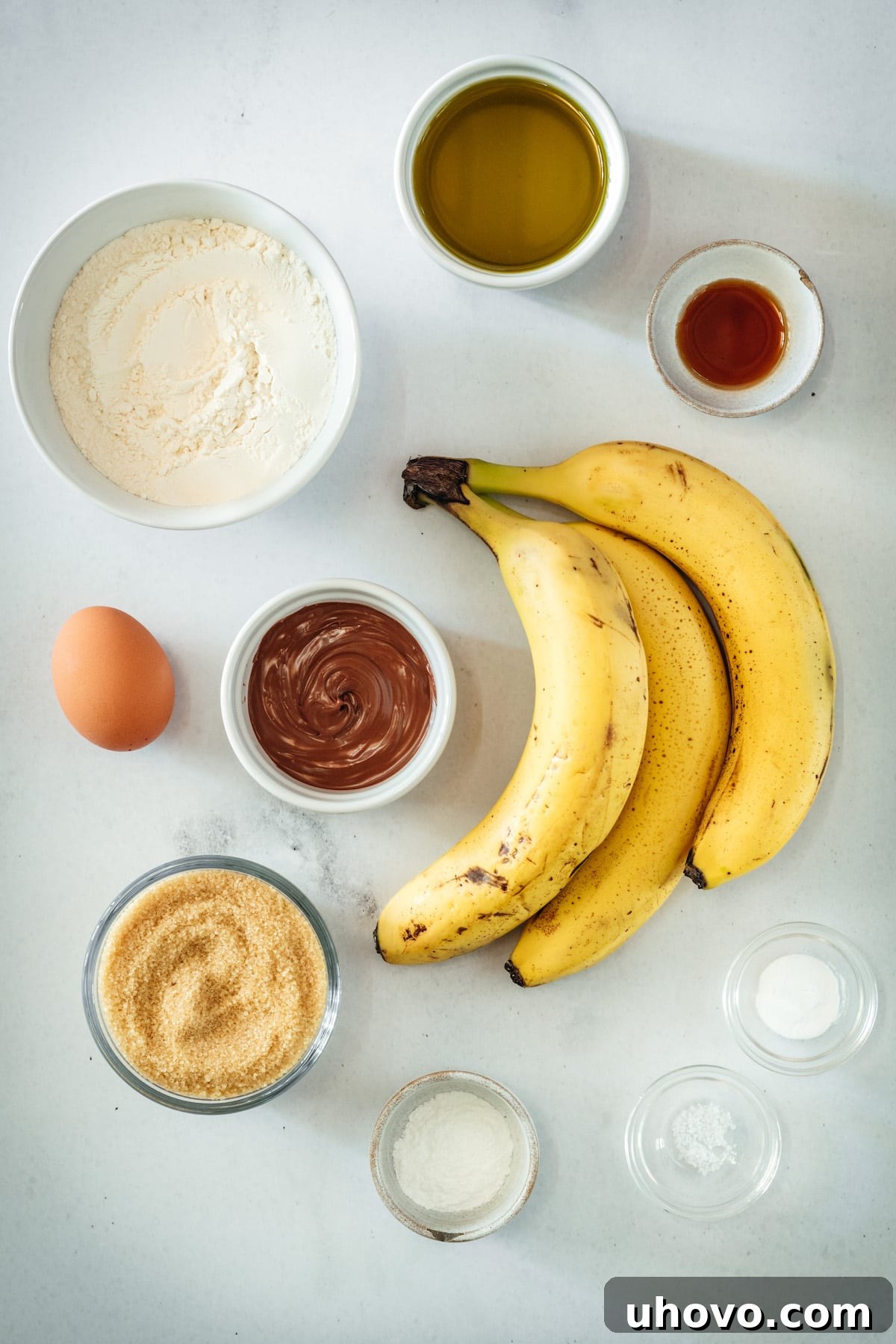 A vibrant overhead shot showcasing all the essential ingredients laid out neatly for making Nutella Banana Bread: ripe bananas, all-purpose flour, light brown sugar, vegetable oil, an egg, vanilla extract, baking powder, baking soda, salt, and of course, a jar of Nutella.