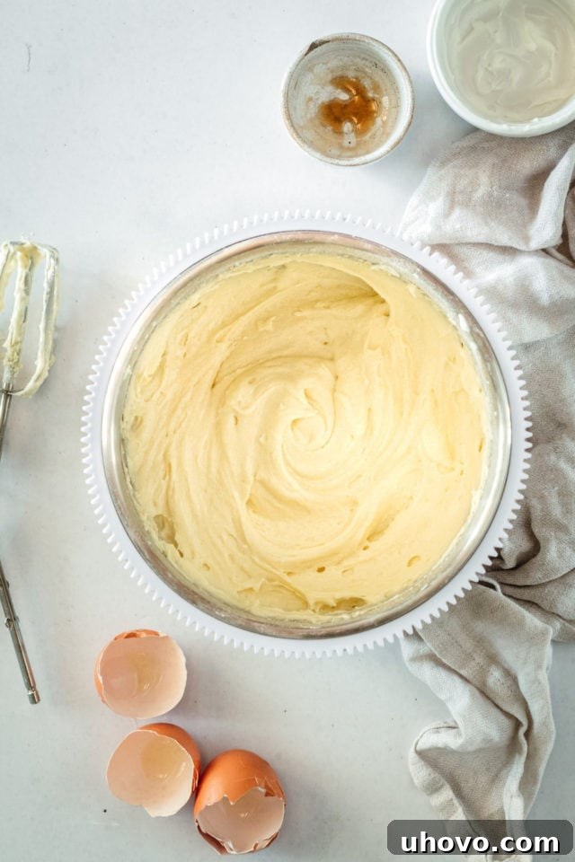 Overhead view of light and fluffy cake batter in a large mixing bowl after creaming butter, sugar, and eggs.