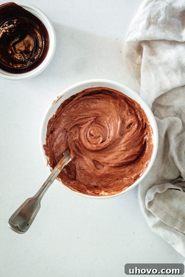 Overhead view of the chocolate cake batter in a small bowl, ready for swirling.