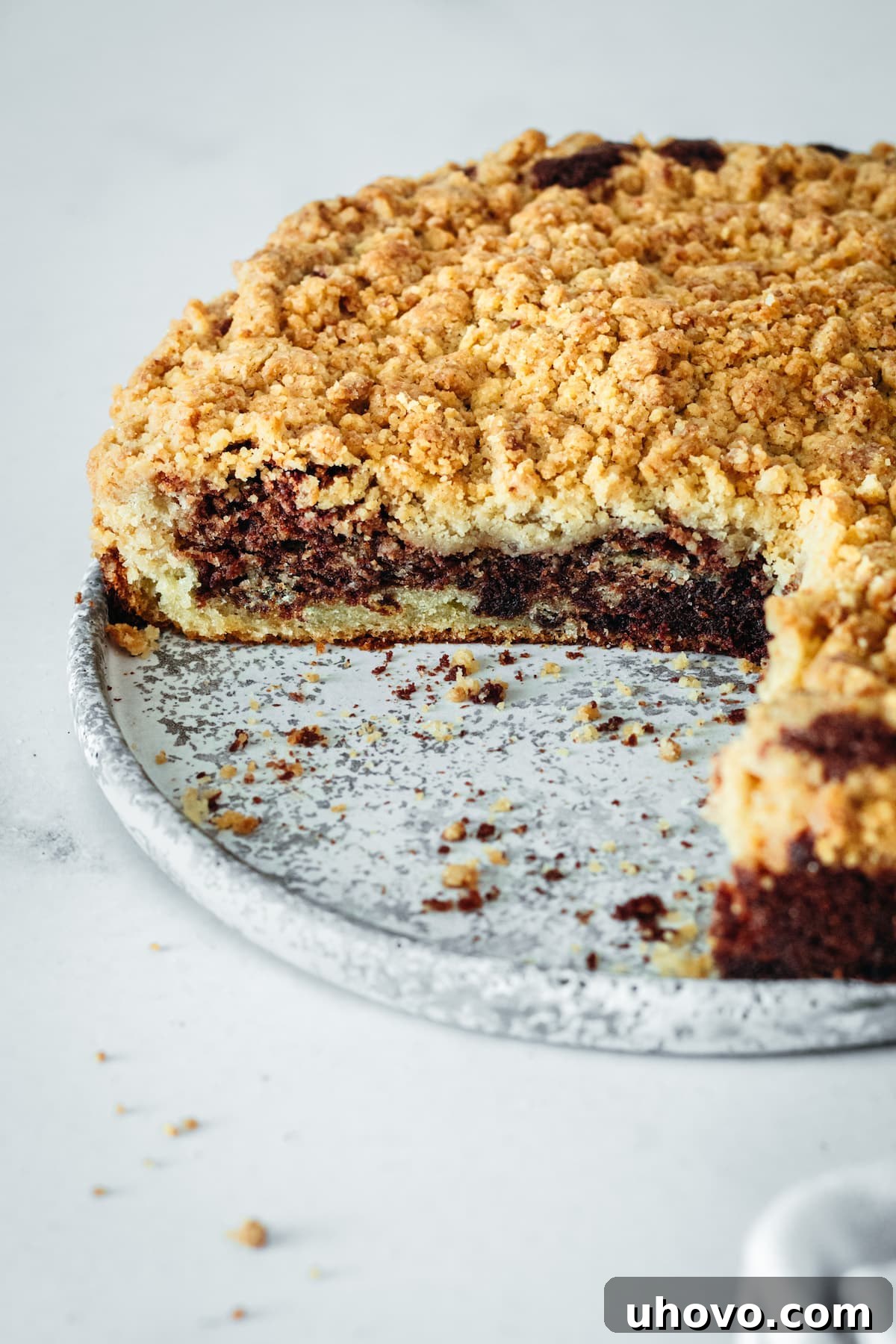 Coffee cake on plate with two slices removed to show inside, revealing the beautiful chocolate swirl.