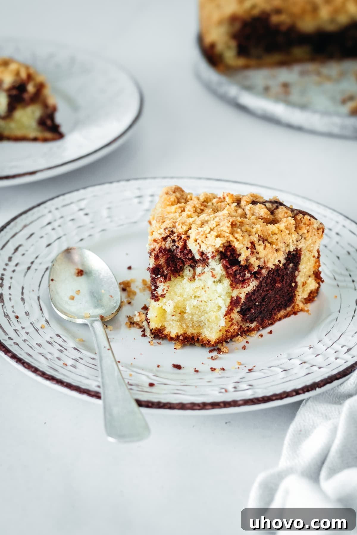 Half-eaten slice of chocolate swirl coffee cake on a plate with a spoon, highlighting its inviting texture.