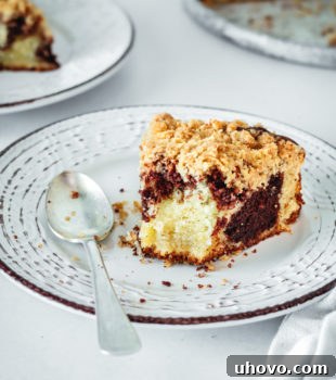 Half-eaten slice of chocolate swirl coffee cake on plate with spoon