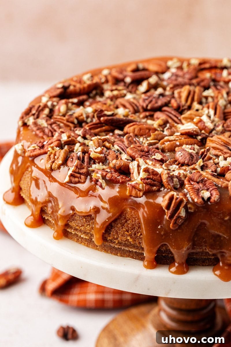 A full, uncut salted caramel cheesecake presented on a white cake stand, showcasing its inviting golden caramel topping and pecan garnish.