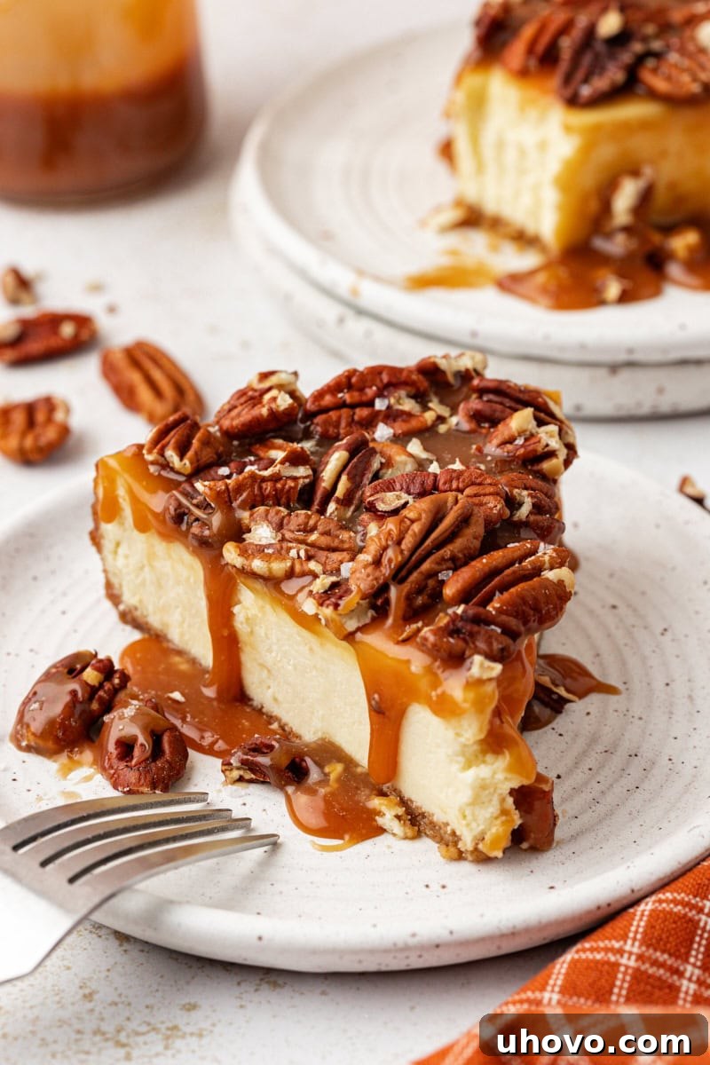 A side view of a slice of salted caramel cheesecake on a white plate, highlighting its creamy layers, rich caramel topping, and toasted pecans.