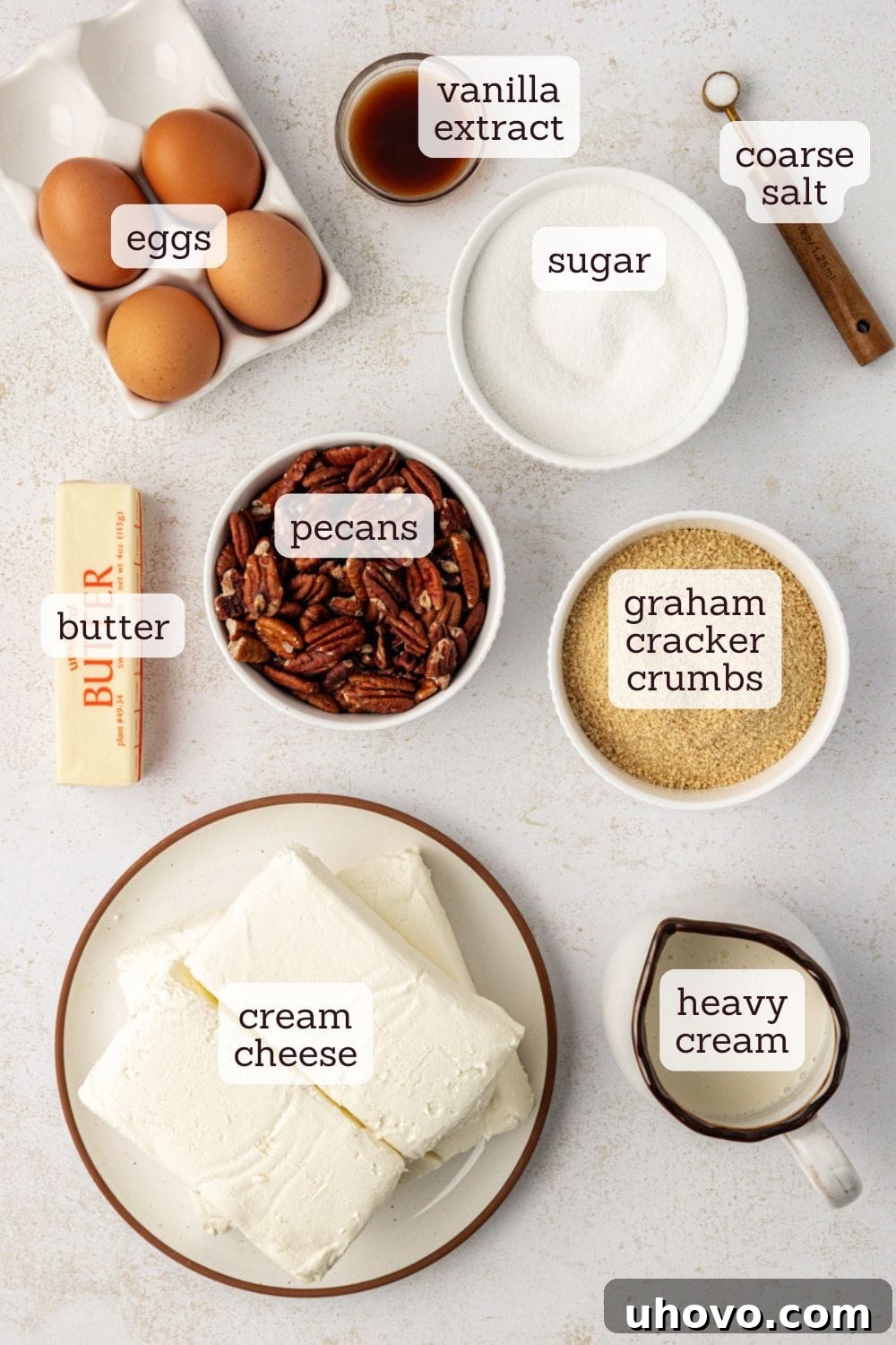 An overhead shot showcasing all the essential ingredients laid out on a clean surface, ready for making the salted caramel cheesecake, including graham cracker crumbs, butter, cream cheese, eggs, sugars, heavy cream, pecans, and salt.
