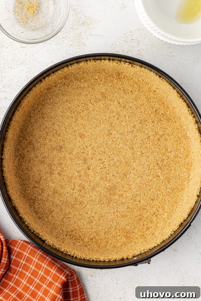 An overhead view of the graham cracker crust evenly pressed into a springform pan, creating a sturdy base for the cheesecake.