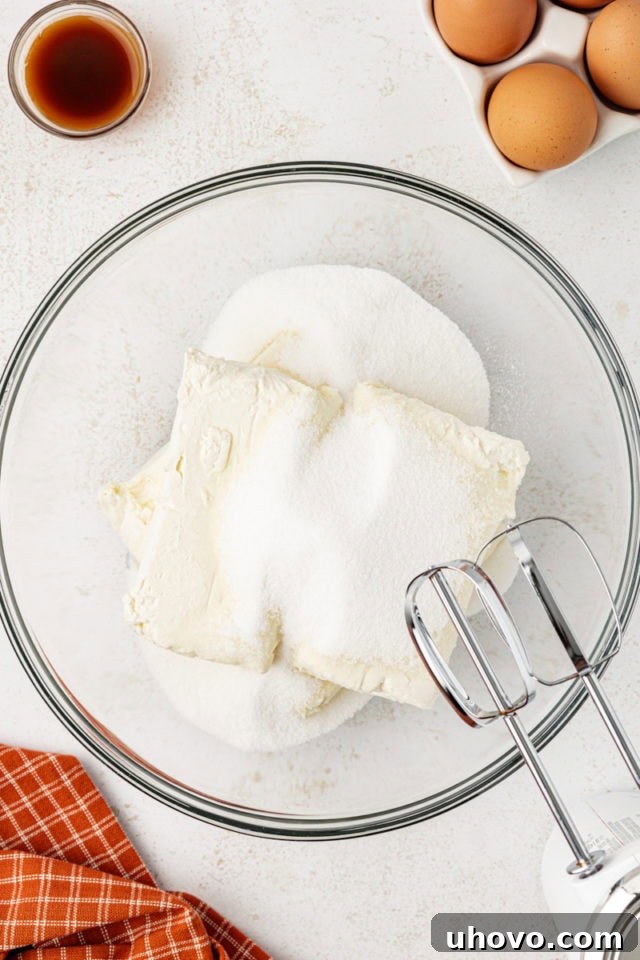 A bowl containing cream cheese and granulated sugar, ready to be beaten until light and smooth for the cheesecake filling.
