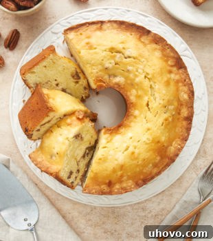overhead view of Cream Cheese Pound Cake on a white cake plate