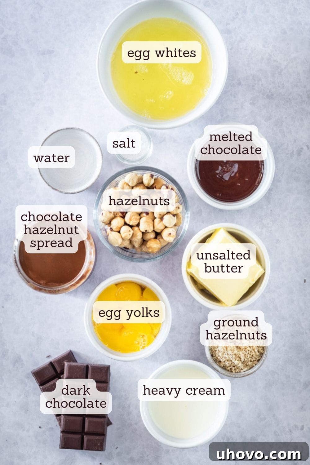 overhead view of ingredients for chocolate hazelnut cake