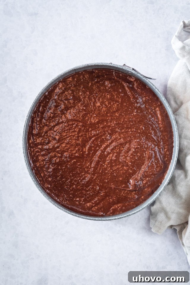 cake pan full of chocoalte cake batter
