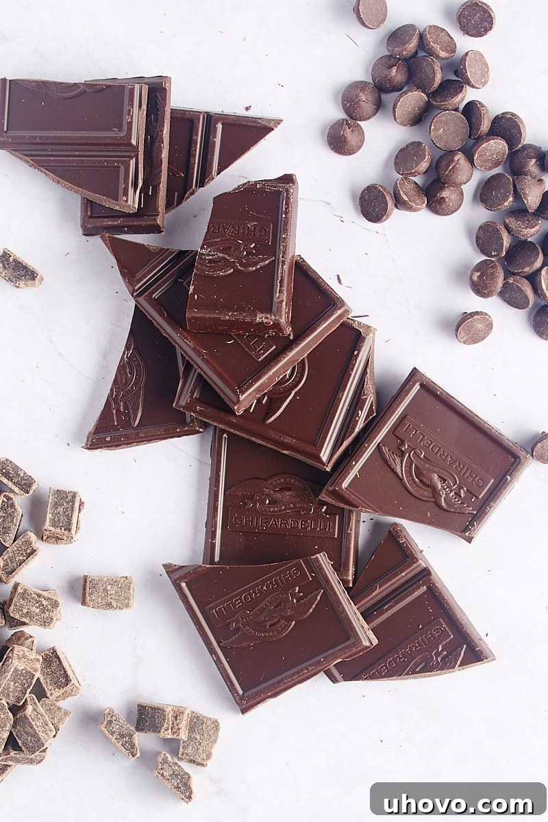 overhead view of dark chocolate chunks, bars, and chips