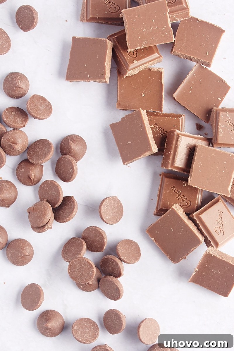 overhead view of milk chocolate chips and bar pieces