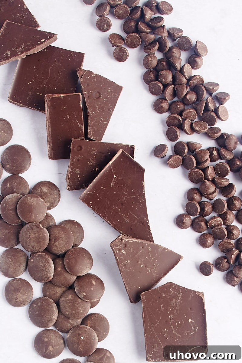 overhead view of chocolate chips, pieces of baking chocolate, and chocolate chips