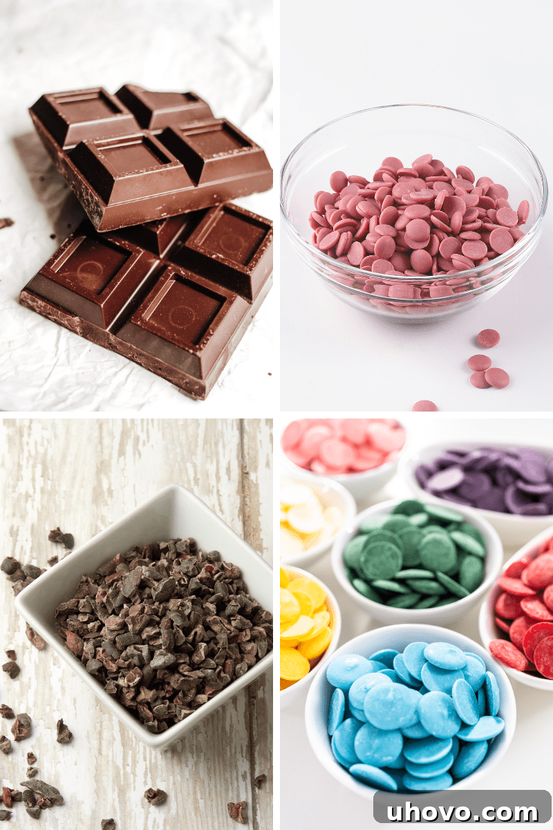 collage of images of couverture chocolate, ruby chocolate, cocoa nibs, and candy coating