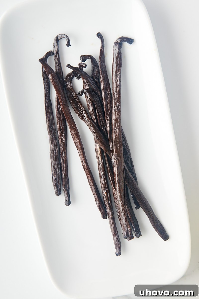 overhead view of vanilla beans on a long white plate