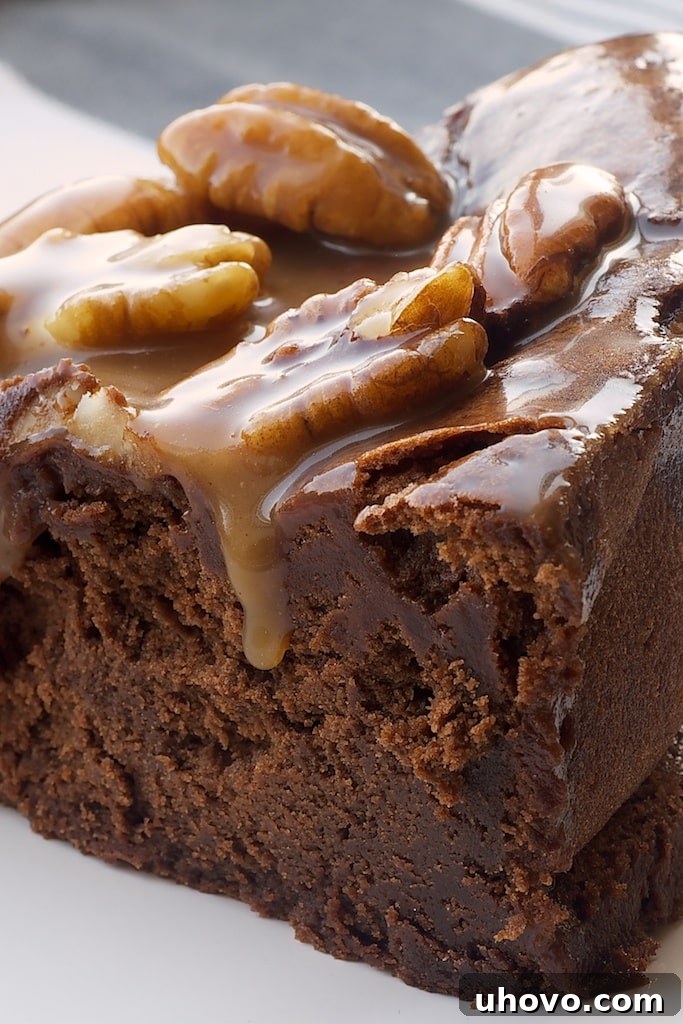 Decadent Chocolate Caramel Pecan Souffle Cake is a rich, delicious dessert that's worthy of a special occasion. A generous slice sits on a white plate, revealing layers of chocolate cake and gooey caramel pecan topping.