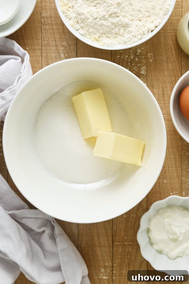 Overhead view of softened butter and granulated sugar creaming in a white mixing bowl.