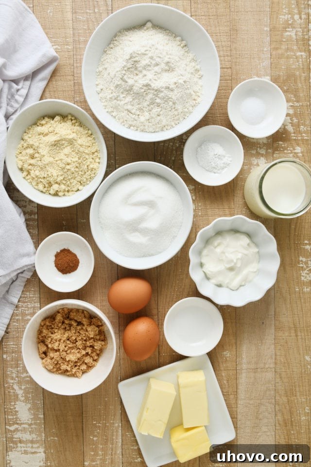 Overhead shot of all the fresh ingredients laid out for making Almond Crumb Cake.