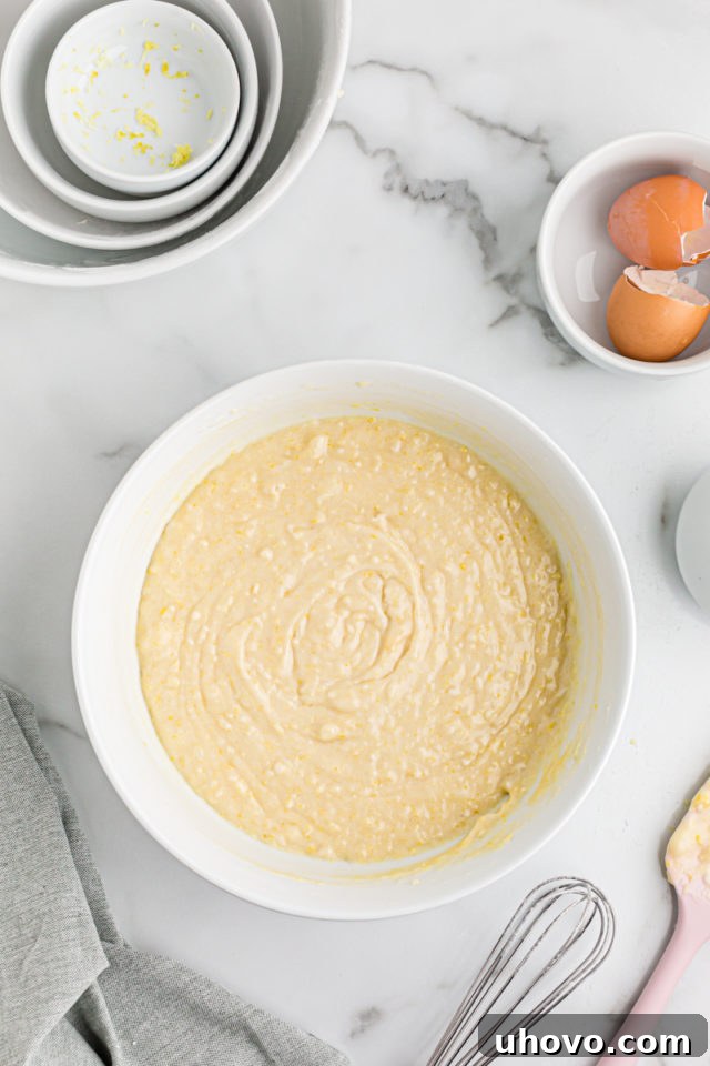 Overhead view of batter in mixing bowl