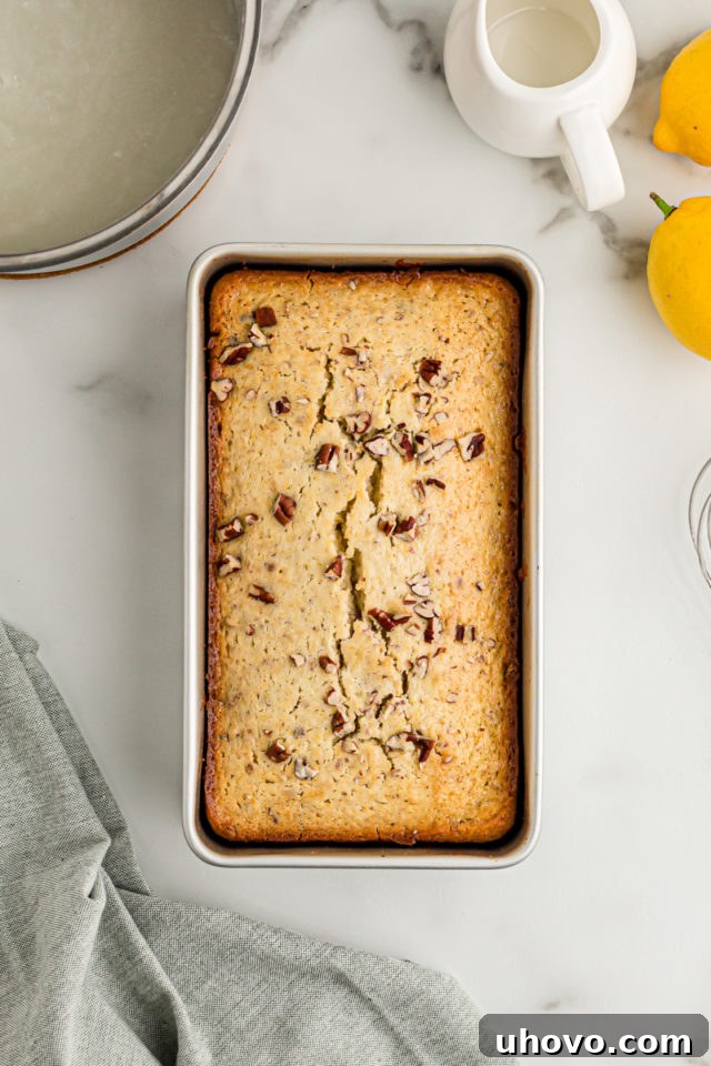 Overhead view of lemon bread in pan before glazing