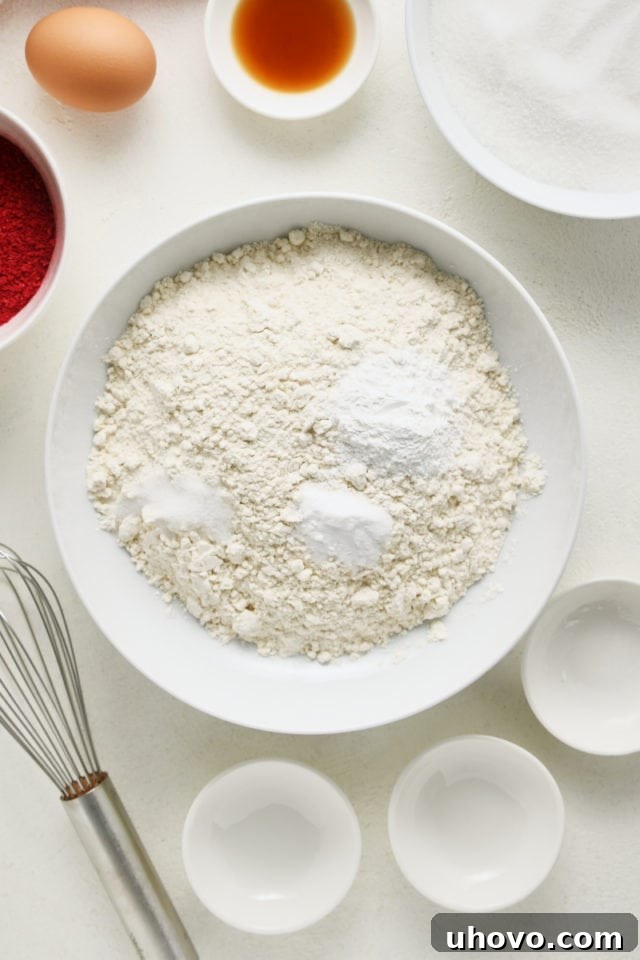 Overhead view of flour, baking powder, baking soda, and salt in a white mixing bowl, ready to be whisked.