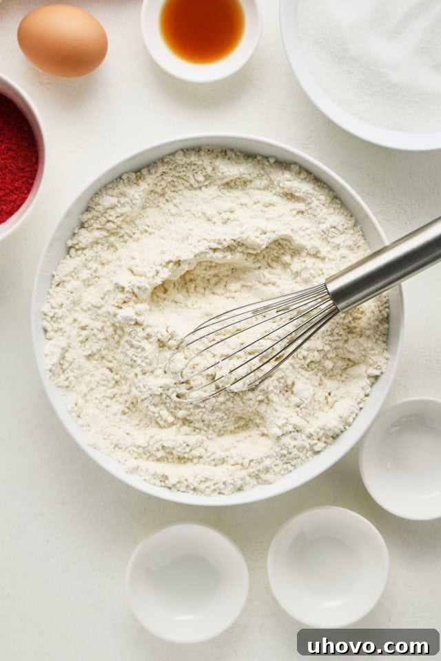 Overhead view of the mixed dry ingredients for raspberry sugar cookies, a finely blended powder.