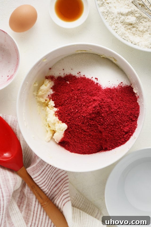 Overhead view of sugar and vibrant freeze-dried raspberries added to the creamed butter-cream cheese mixture in a white mixing bowl.