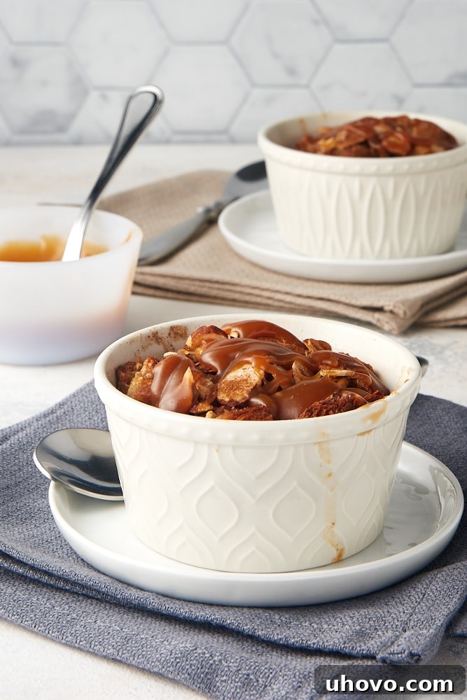 Cinnamon Almond Bread Pudding for Two, a comforting small batch dessert with salted caramel.