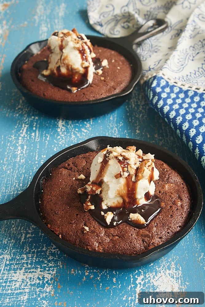 Double Chocolate Skillet Brownies for Two with ice cream, a decadent Valentine's dessert.