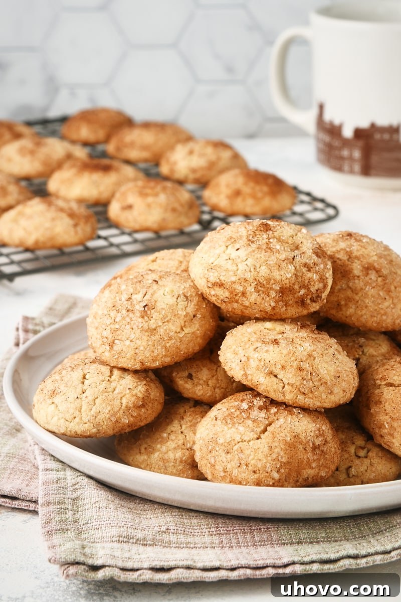Brown Butter Cinnamon Cookies piled on a light gray plate with more cookies on a cooling rack in the background