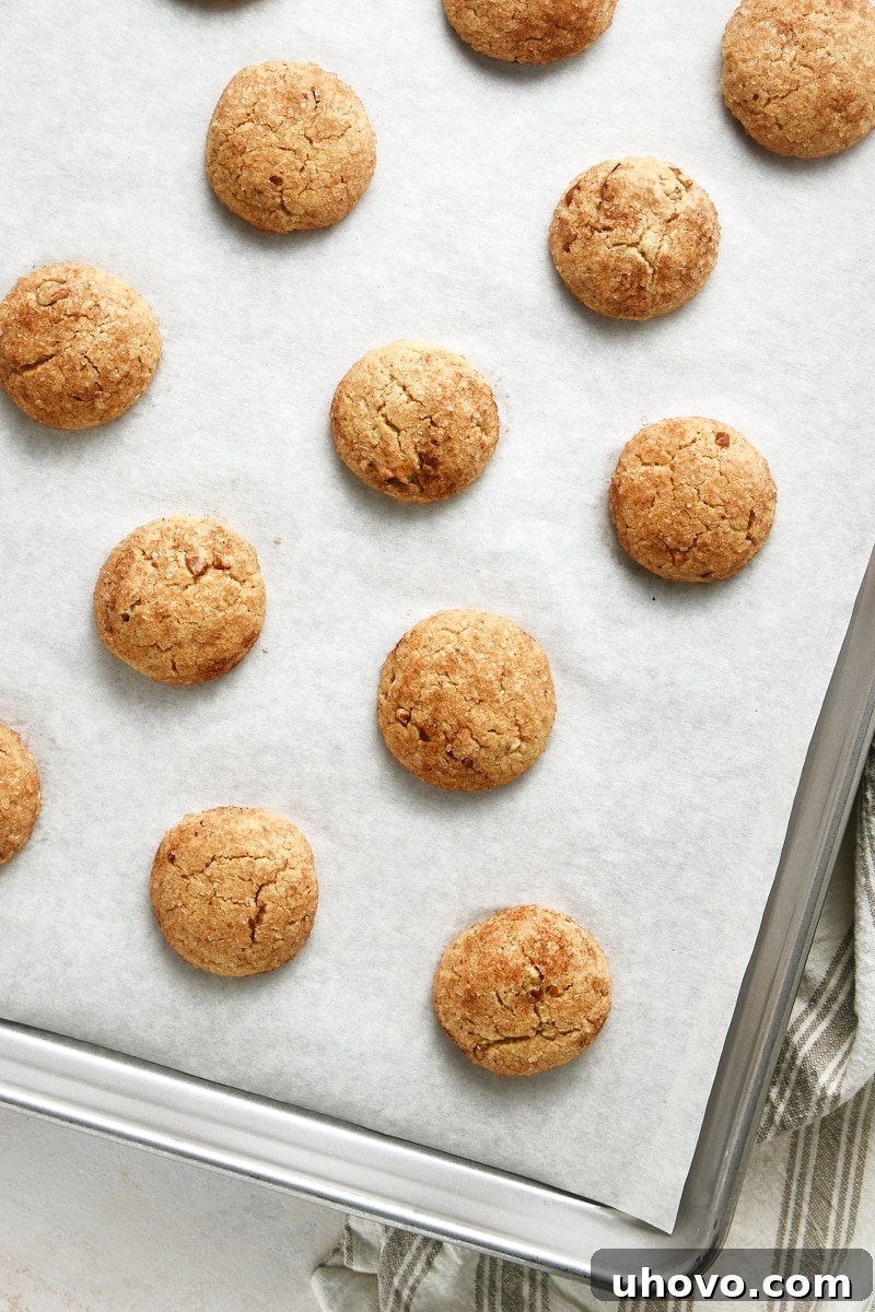 overhead view of freshly baked Brown Butter Cinnamon Cookies on a parchment-lined baking sheet