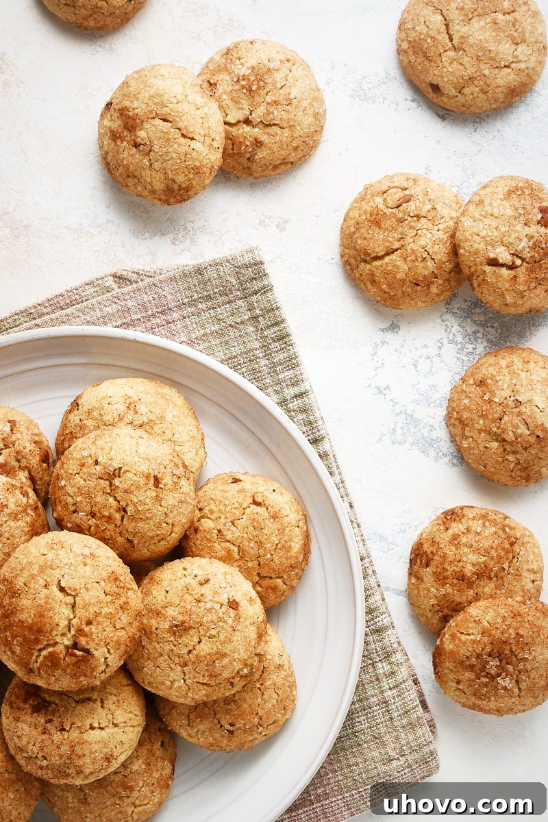 overhead view of Brown Butter Cinnamon Cookies on a light gray plate with more cookies scattered around