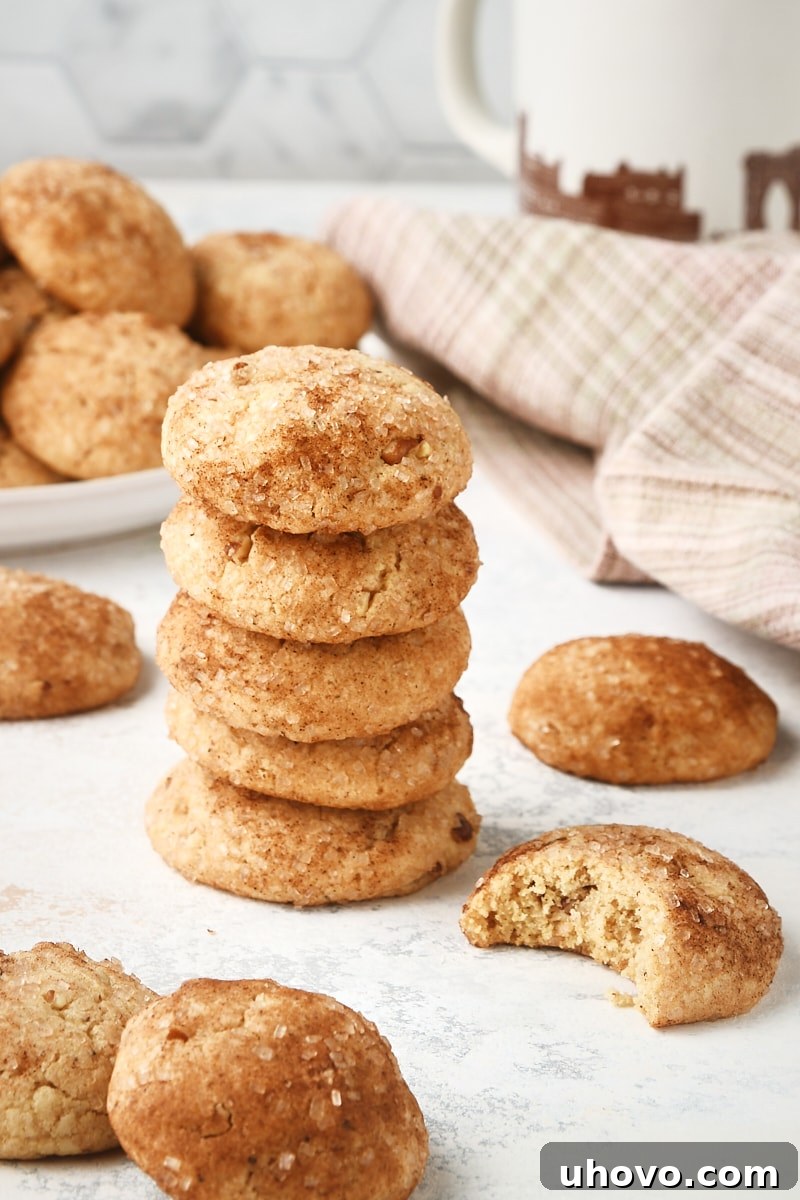 stack of Brown Butter Cinnamon Cookies with more cookies surrounding