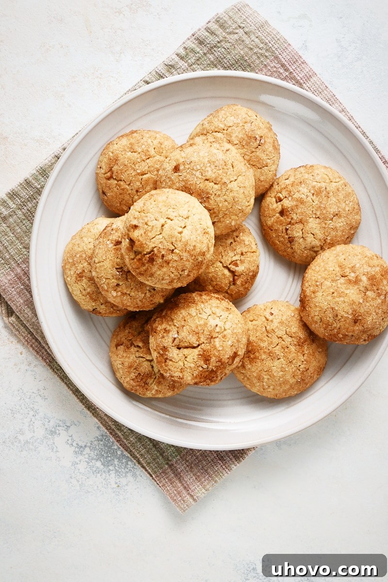 overhead view of Brown Butter Cinnamon Cookies piled on a light gray plate
