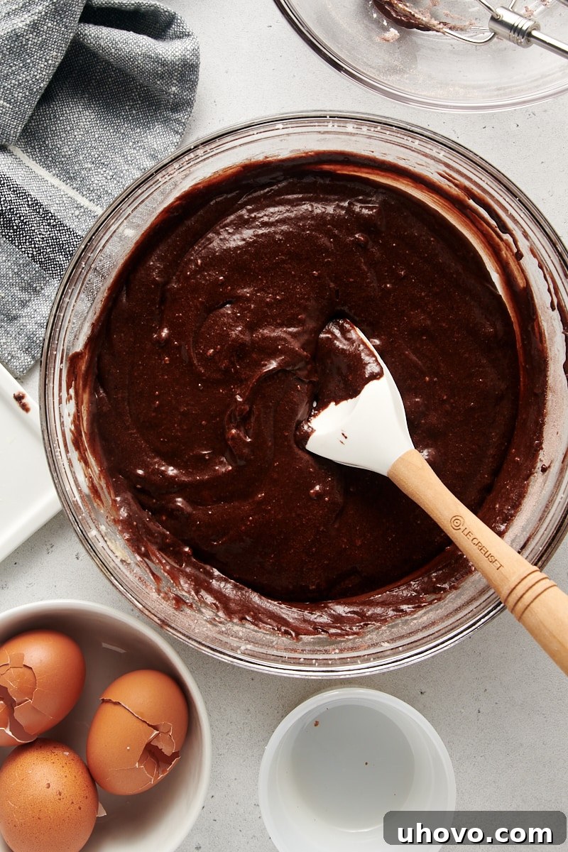A close-up, overhead shot of the finished Chocolate Loaf Cake batter in a glass mixing bowl, rich and ready for baking, studded with chocolate chips.